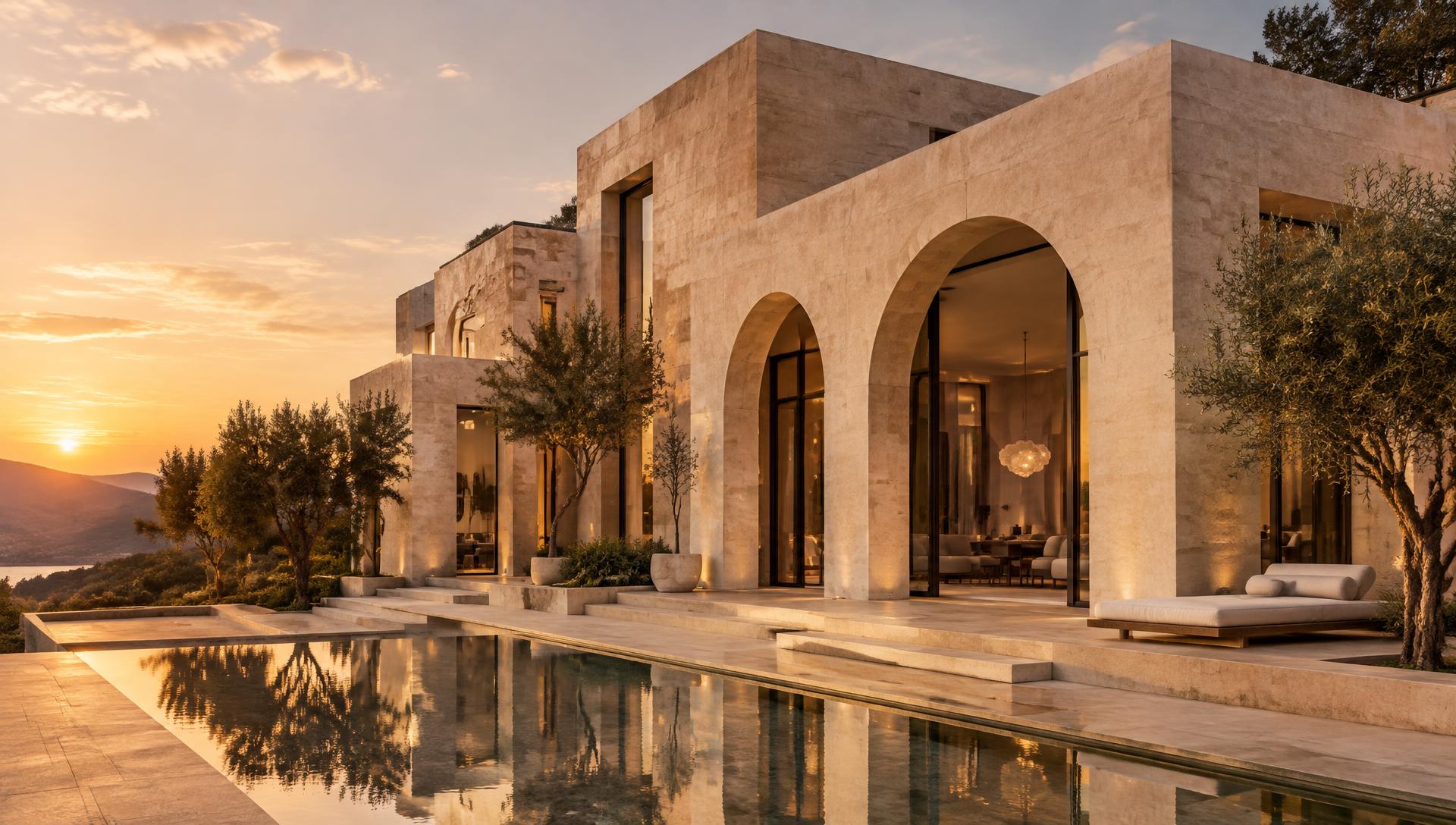 Contemporary travertine villa with arched openings and reflecting pool at dusk